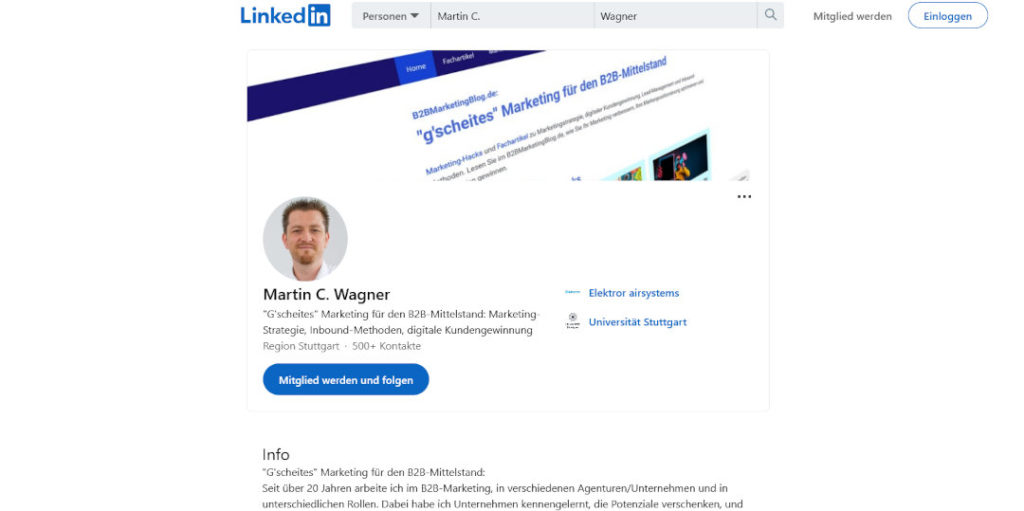 Social-Media: Screenshot LinkedIn-Profil Martin C. Wagner